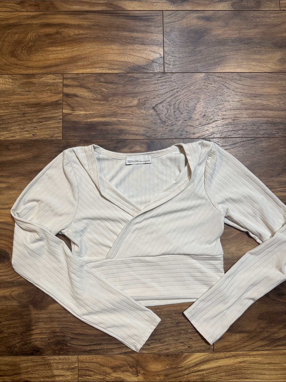 ZENANA Cream Ribbed Wrap-Front Long Sleeve Crop Top